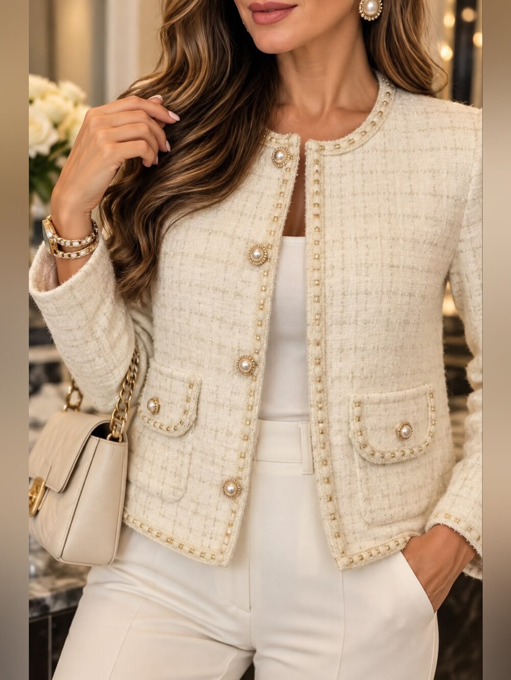 100 Elegant Cream Tweed A Like Pearl-Button Jacket Blazer